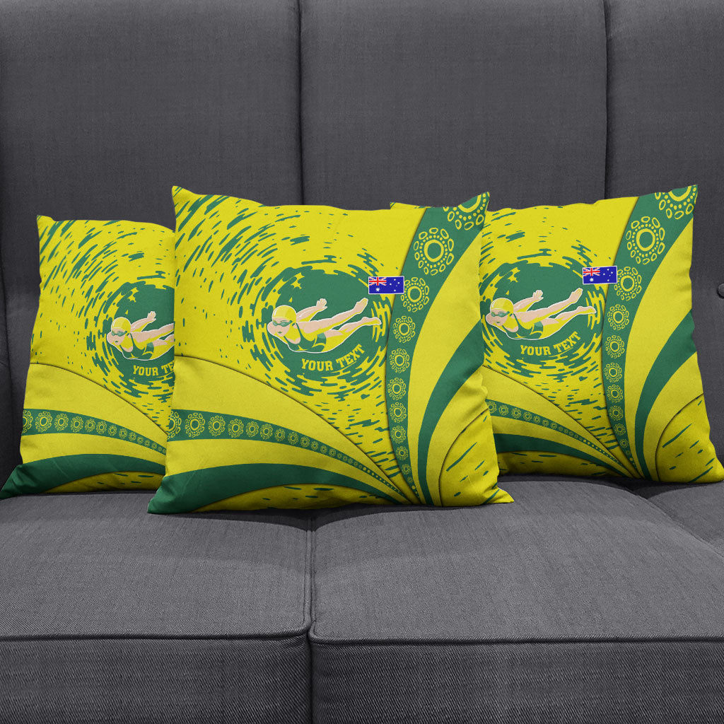 Personalized Australia Swimming Champion Pillow Cover Freestyle Swimmer With Swirling Wave And Cultural Patterns