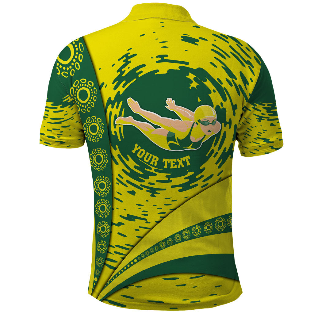 Personalized Australia Swimming Champion Polo Shirt Freestyle Swimmer With Swirling Wave And Cultural Patterns