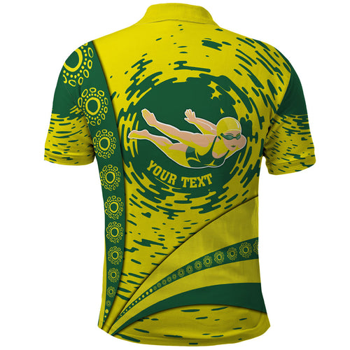 Personalized Australia Swimming Champion Polo Shirt Freestyle Swimmer With Swirling Wave And Cultural Patterns