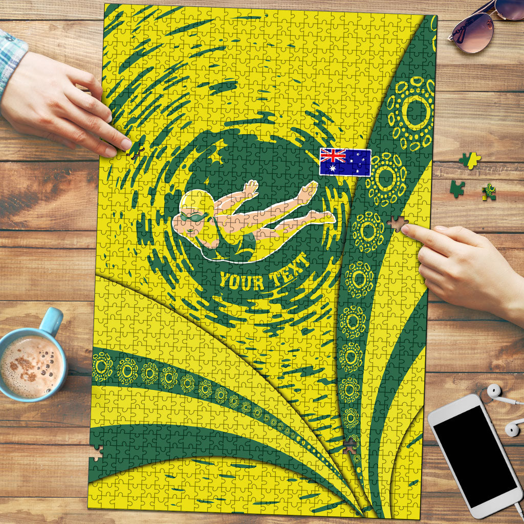Personalized Australia Swimming Champion Puzzle Freestyle Swimmer With Swirling Wave And Cultural Patterns