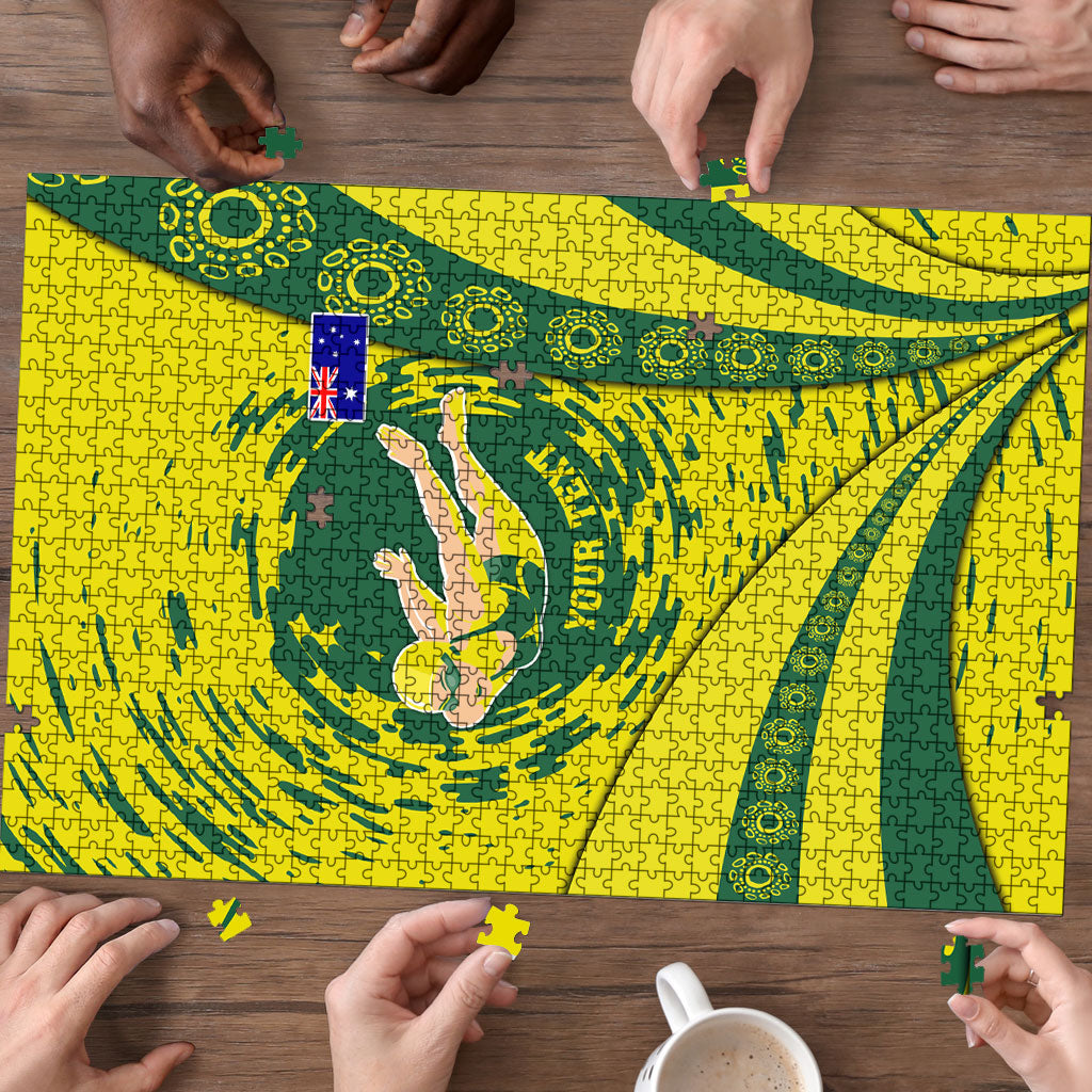 Personalized Australia Swimming Champion Puzzle Freestyle Swimmer With Swirling Wave And Cultural Patterns