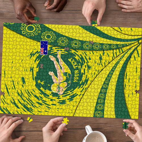 Personalized Australia Swimming Champion Puzzle Freestyle Swimmer With Swirling Wave And Cultural Patterns
