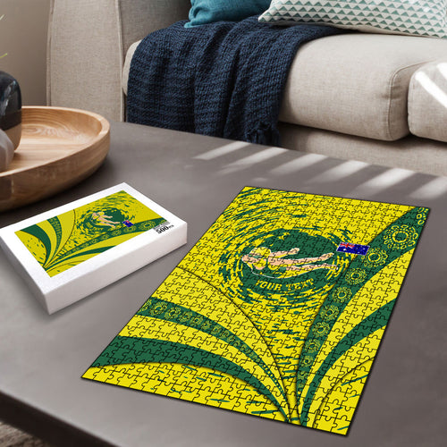 Personalized Australia Swimming Champion Puzzle Freestyle Swimmer With Swirling Wave And Cultural Patterns
