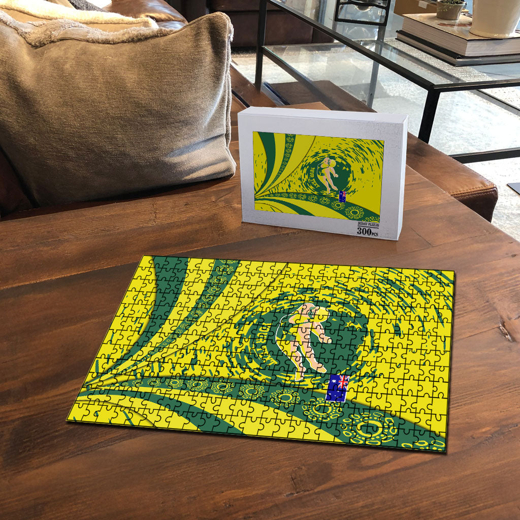 Personalized Australia Swimming Champion Puzzle Freestyle Swimmer With Swirling Wave And Cultural Patterns