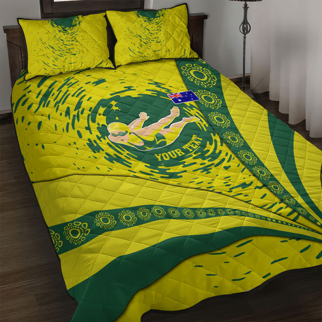 Personalized Australia Swimming Champion Quilt Bed Set Freestyle Swimmer With Swirling Wave And Cultural Patterns