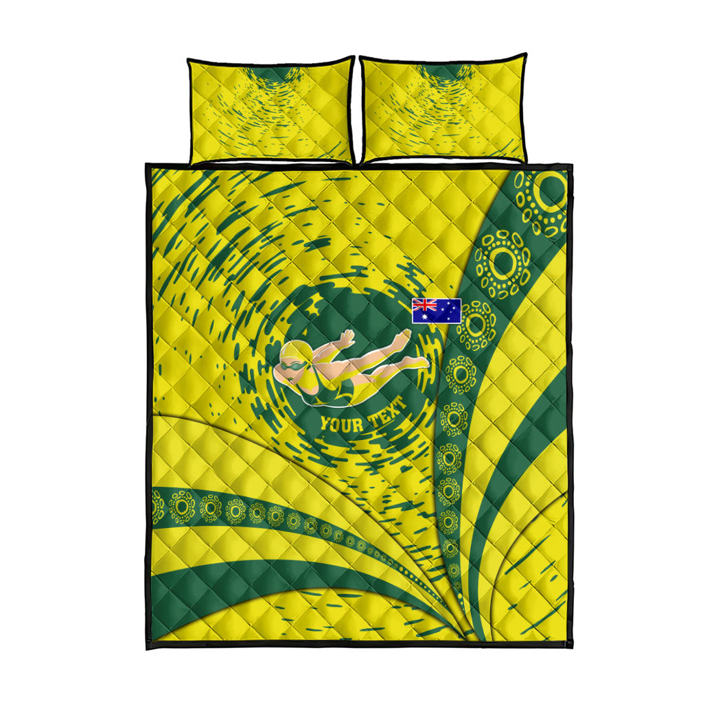 Personalized Australia Swimming Champion Quilt Bed Set Freestyle Swimmer With Swirling Wave And Cultural Patterns