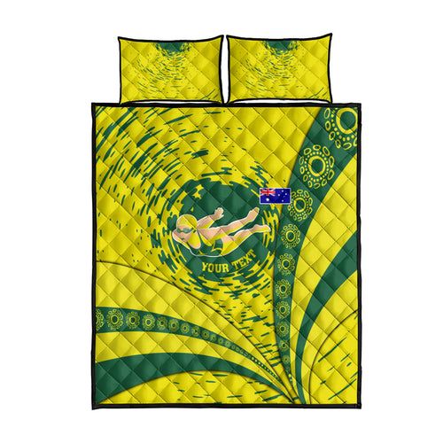 Personalized Australia Swimming Champion Quilt Bed Set Freestyle Swimmer With Swirling Wave And Cultural Patterns