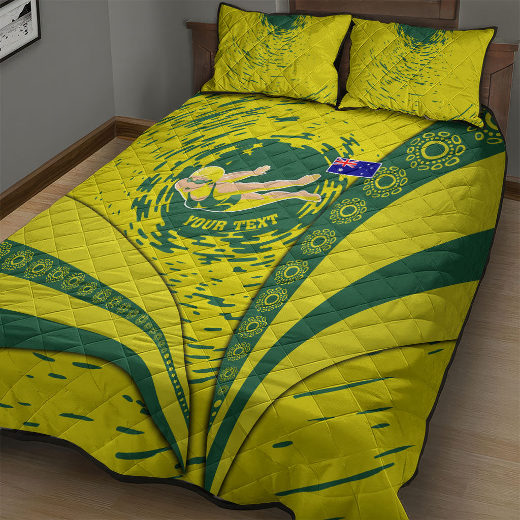 Personalized Australia Swimming Champion Quilt Bed Set Freestyle Swimmer With Swirling Wave And Cultural Patterns