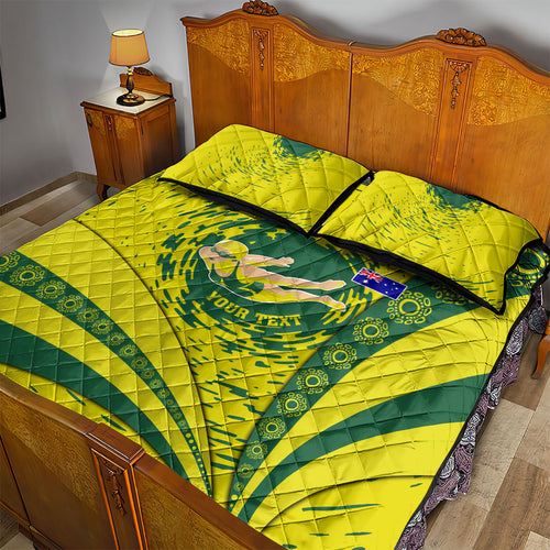 Personalized Australia Swimming Champion Quilt Bed Set Freestyle Swimmer With Swirling Wave And Cultural Patterns
