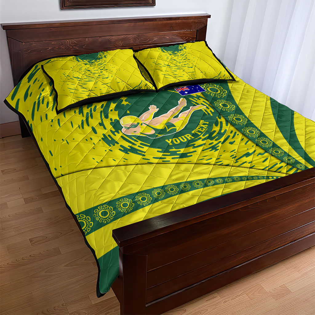 Personalized Australia Swimming Champion Quilt Bed Set Freestyle Swimmer With Swirling Wave And Cultural Patterns