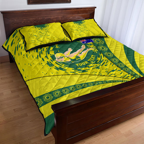 Personalized Australia Swimming Champion Quilt Bed Set Freestyle Swimmer With Swirling Wave And Cultural Patterns