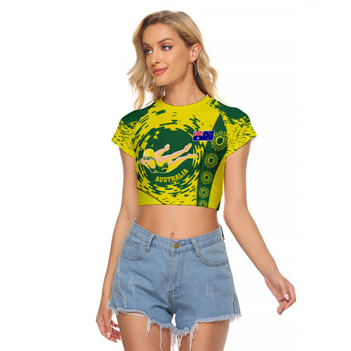 Personalized Australia Swimming Champion Raglan Cropped T Shirt Freestyle Swimmer With Swirling Wave And Cultural Patterns