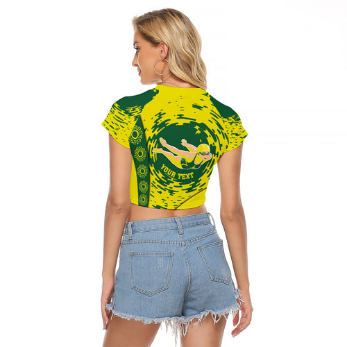 Personalized Australia Swimming Champion Raglan Cropped T Shirt Freestyle Swimmer With Swirling Wave And Cultural Patterns