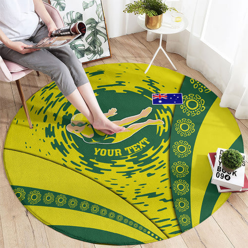 Personalized Australia Swimming Champion Round Carpet Freestyle Swimmer With Swirling Wave And Cultural Patterns