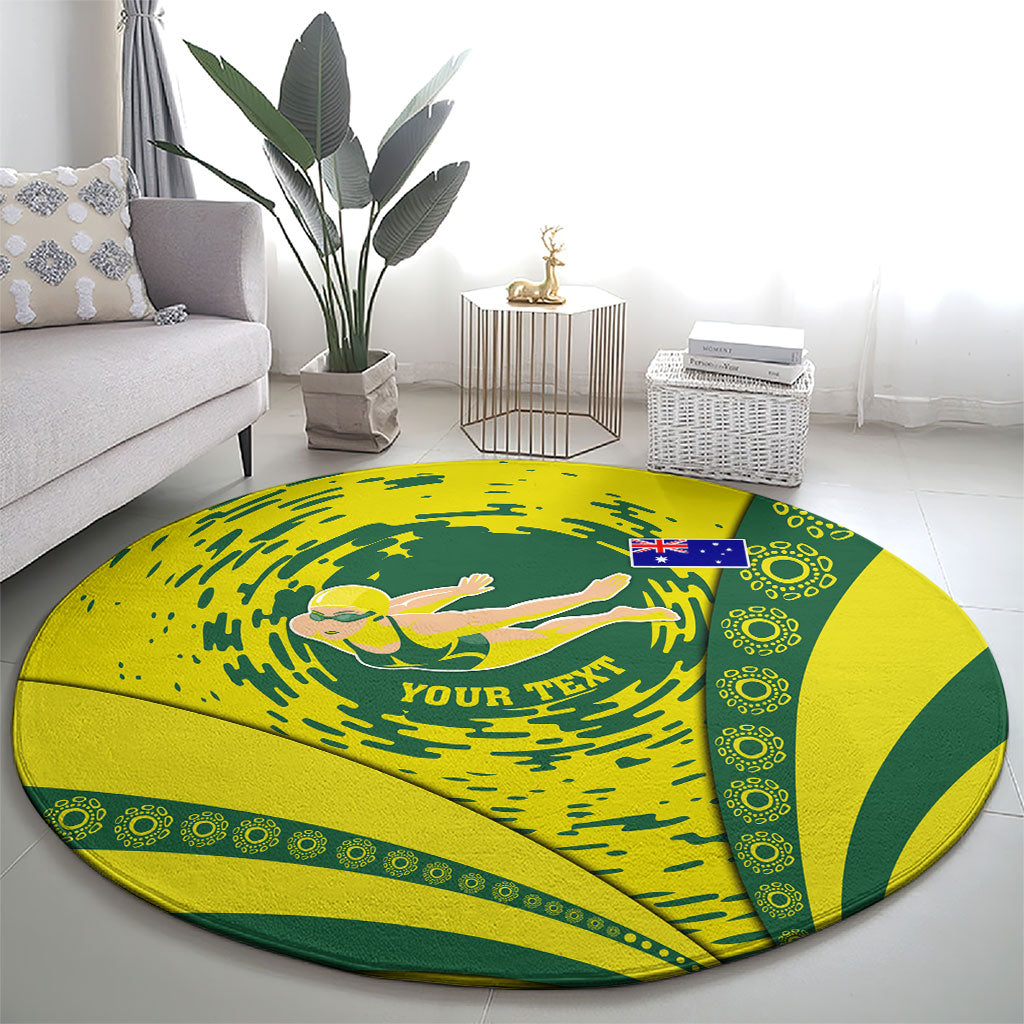 Personalized Australia Swimming Champion Round Carpet Freestyle Swimmer With Swirling Wave And Cultural Patterns