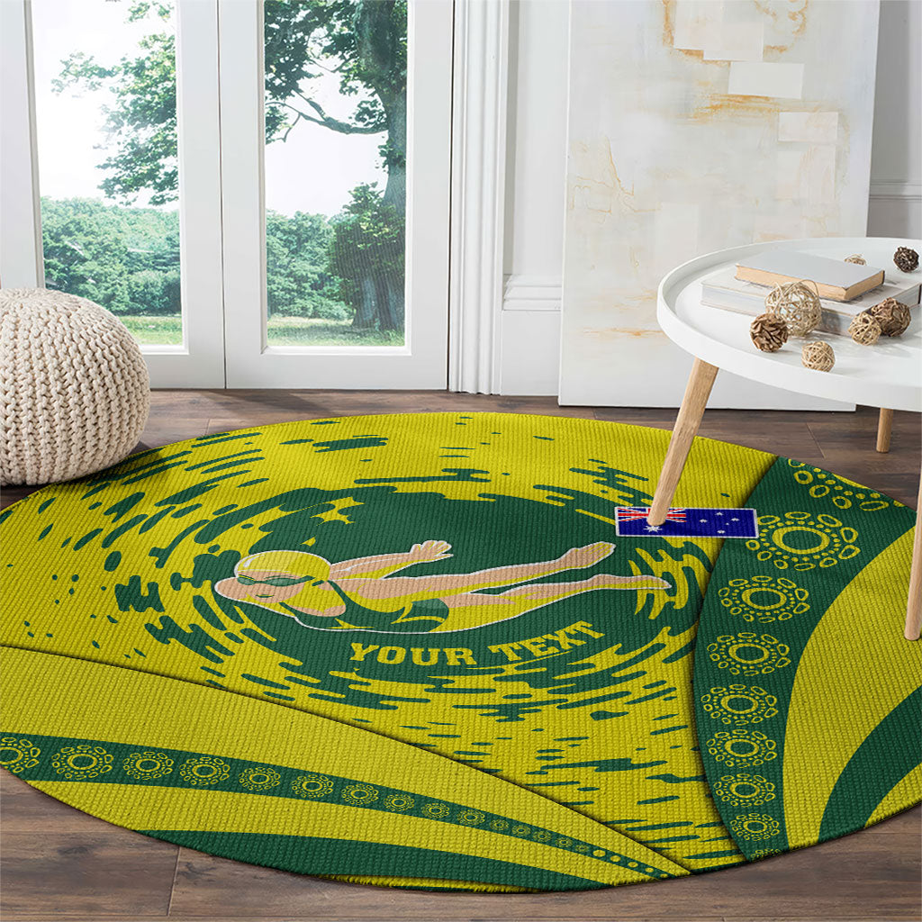 Personalized Australia Swimming Champion Round Carpet Freestyle Swimmer With Swirling Wave And Cultural Patterns