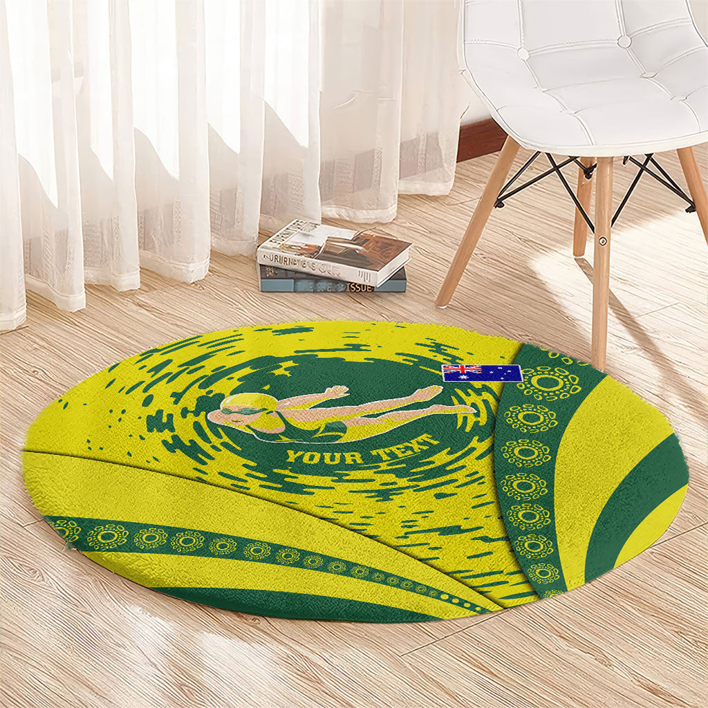 Personalized Australia Swimming Champion Round Carpet Freestyle Swimmer With Swirling Wave And Cultural Patterns
