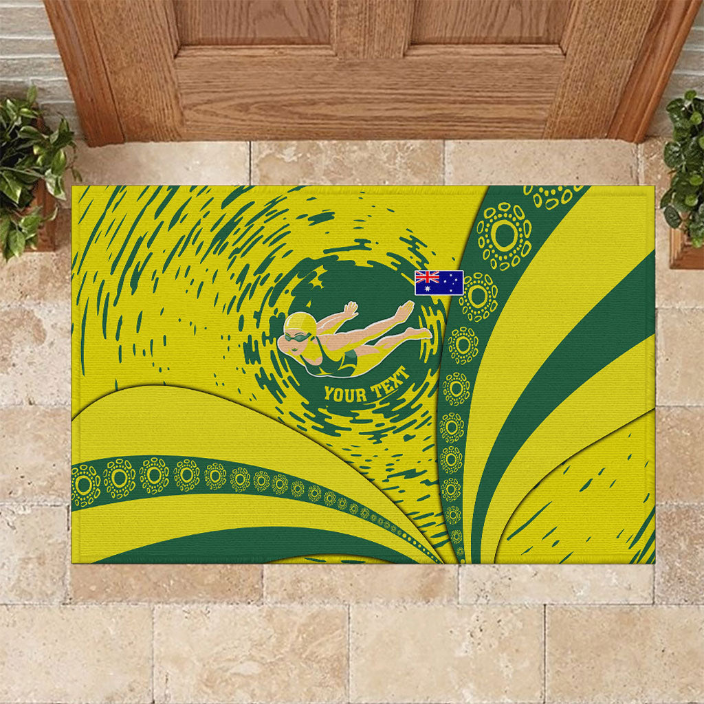 Personalized Australia Swimming Champion Rubber Doormat Freestyle Swimmer With Swirling Wave And Cultural Patterns