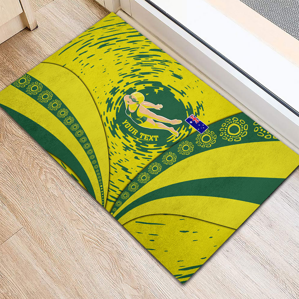 Personalized Australia Swimming Champion Rubber Doormat Freestyle Swimmer With Swirling Wave And Cultural Patterns