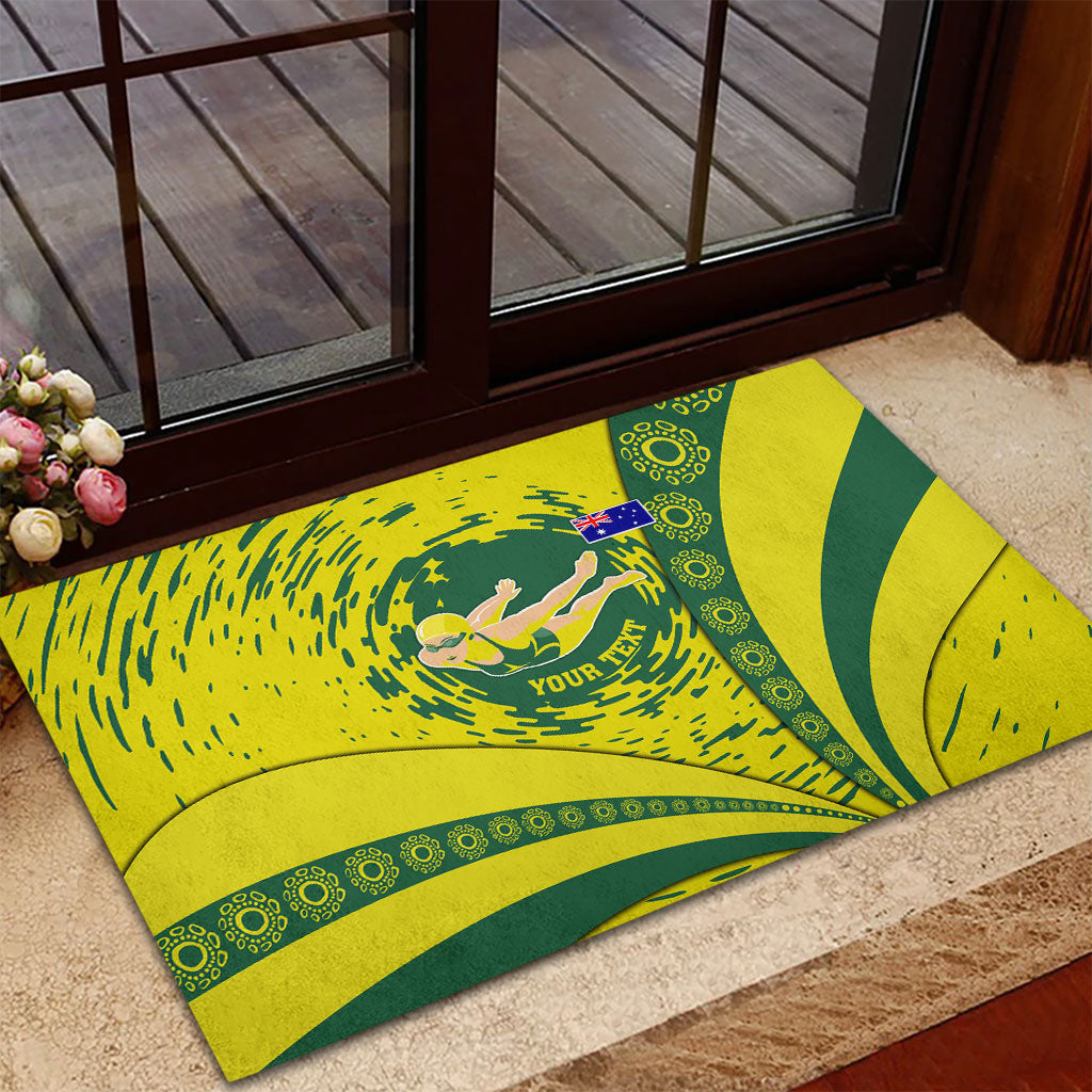 Personalized Australia Swimming Champion Rubber Doormat Freestyle Swimmer With Swirling Wave And Cultural Patterns