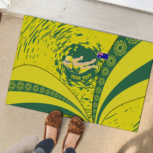 Personalized Australia Swimming Champion Rubber Doormat Freestyle Swimmer With Swirling Wave And Cultural Patterns