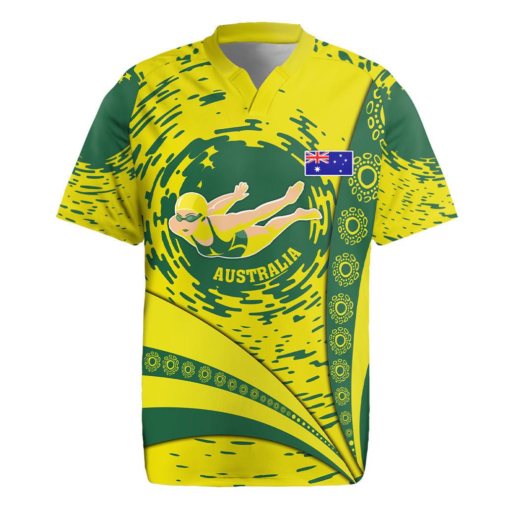 Personalized Australia Swimming Champion Rugby Jersey Freestyle Swimmer With Swirling Wave And Cultural Patterns
