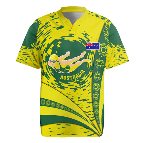 Personalized Australia Swimming Champion Rugby Jersey Freestyle Swimmer With Swirling Wave And Cultural Patterns