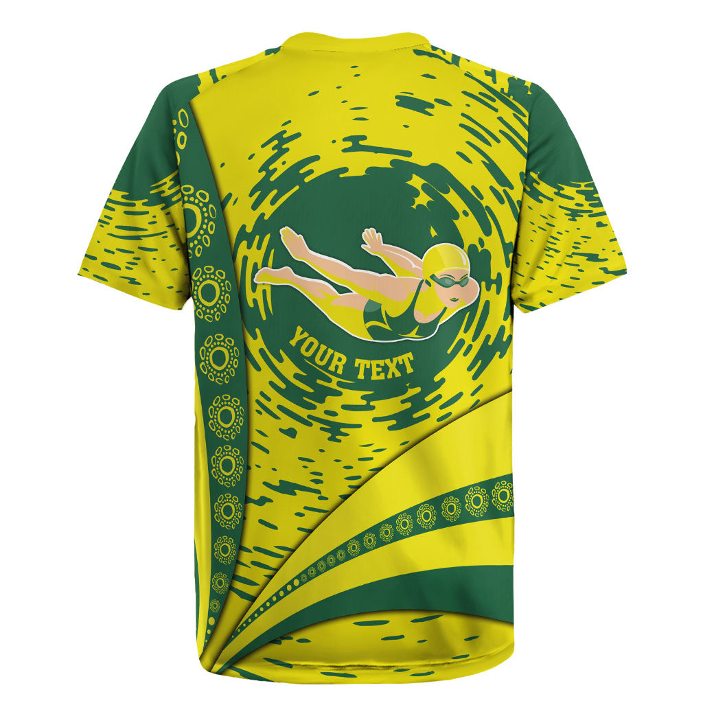 Personalized Australia Swimming Champion Rugby Jersey Freestyle Swimmer With Swirling Wave And Cultural Patterns
