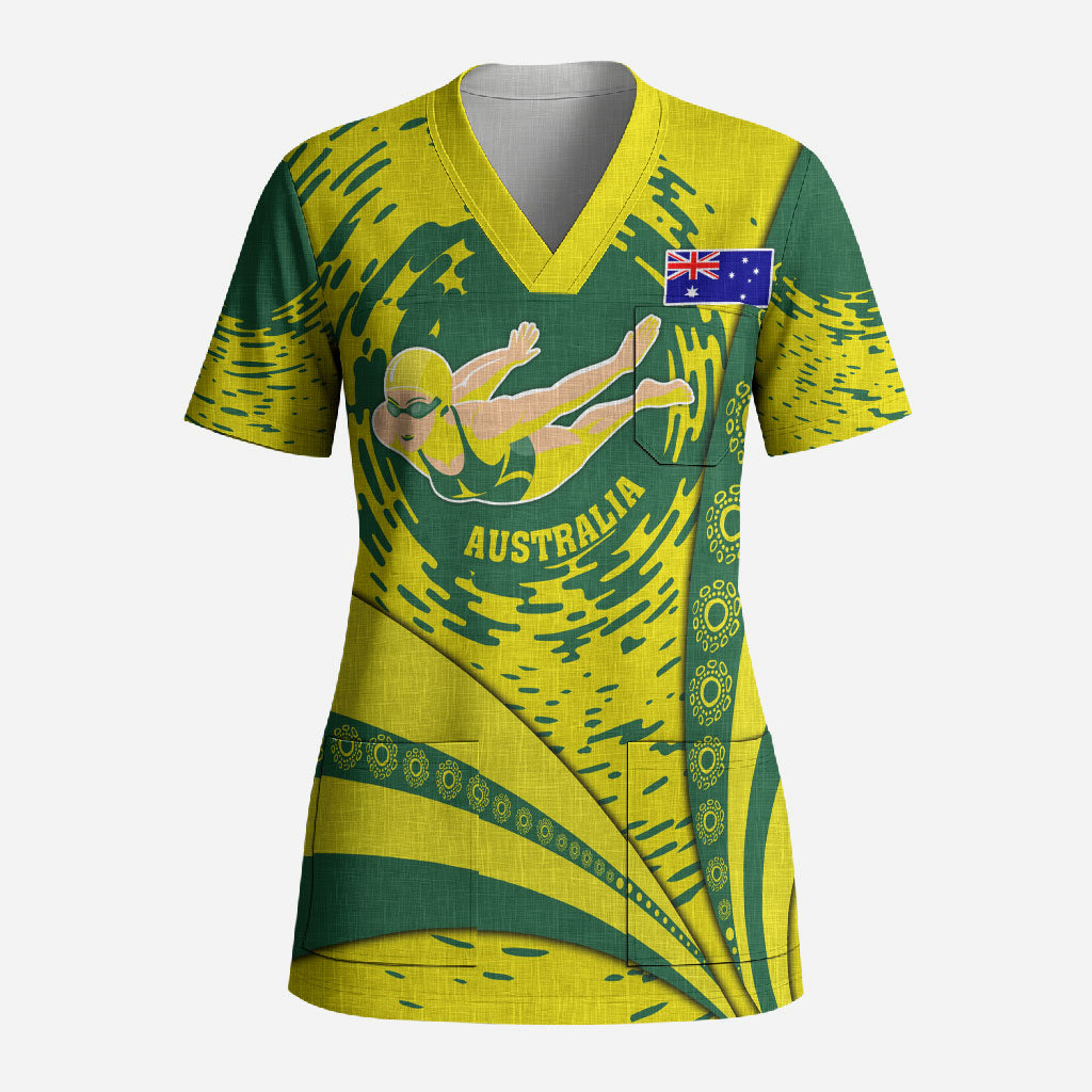 Personalized Australia Swimming Champion Scrub Top Freestyle Swimmer With Swirling Wave And Cultural Patterns