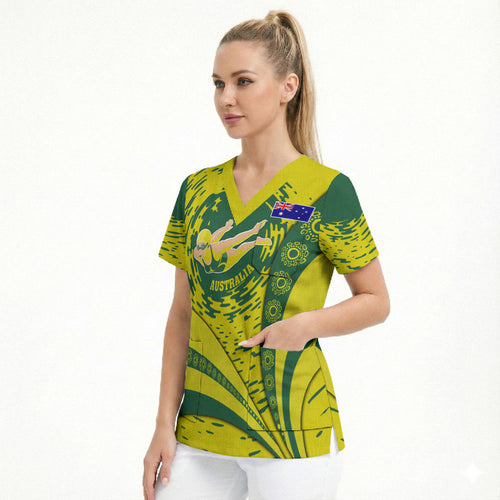 Personalized Australia Swimming Champion Scrub Top Freestyle Swimmer With Swirling Wave And Cultural Patterns