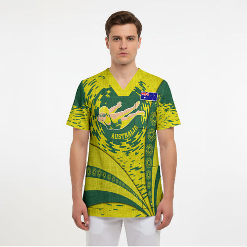 Personalized Australia Swimming Champion Scrub Top Freestyle Swimmer With Swirling Wave And Cultural Patterns