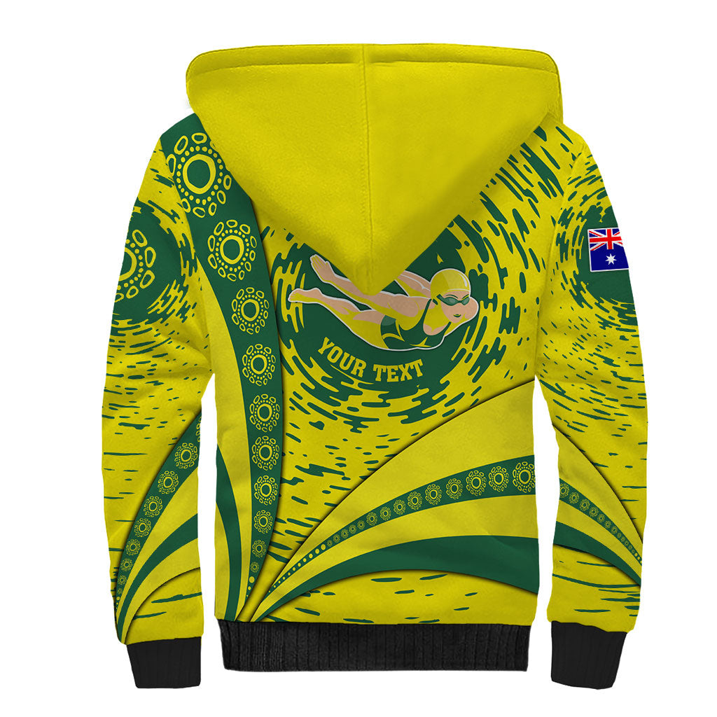 Personalized Australia Swimming Champion Sherpa Hoodie Freestyle Swimmer With Swirling Wave And Cultural Patterns