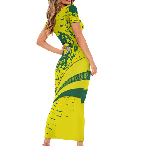 Personalized Australia Swimming Champion Short Sleeve Bodycon Dress Freestyle Swimmer With Swirling Wave And Cultural Patterns
