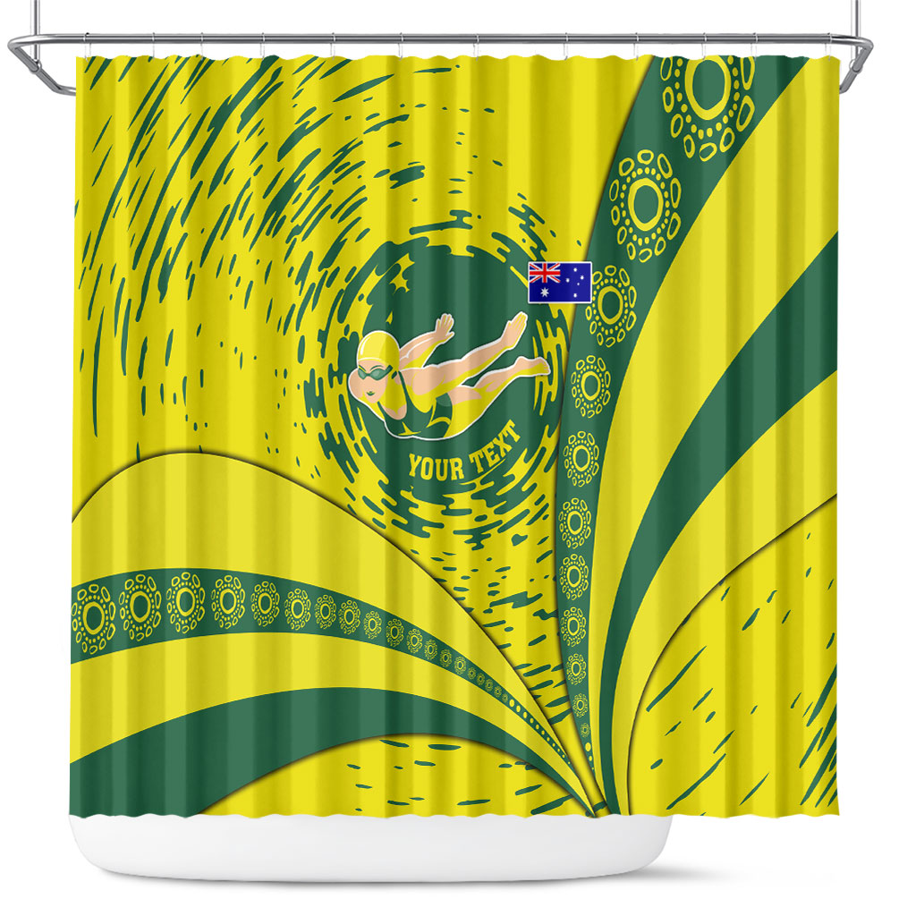 Personalized Australia Swimming Champion Shower Curtain Freestyle Swimmer With Swirling Wave And Cultural Patterns
