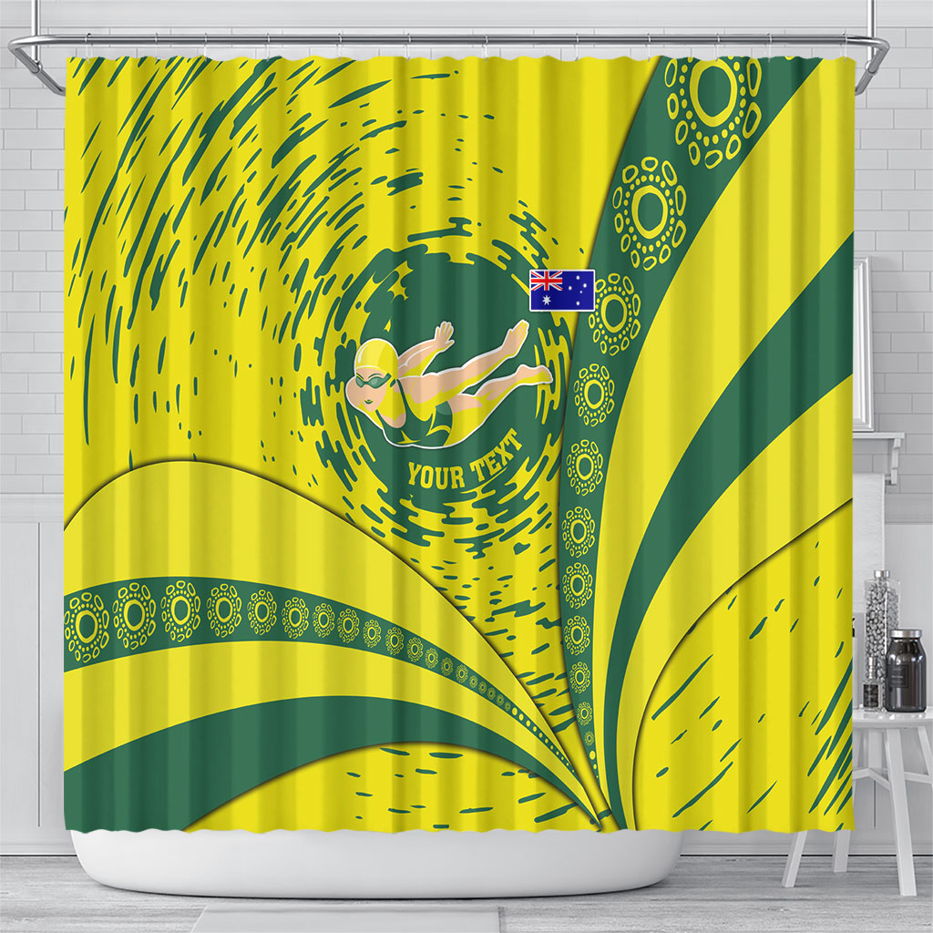Personalized Australia Swimming Champion Shower Curtain Freestyle Swimmer With Swirling Wave And Cultural Patterns