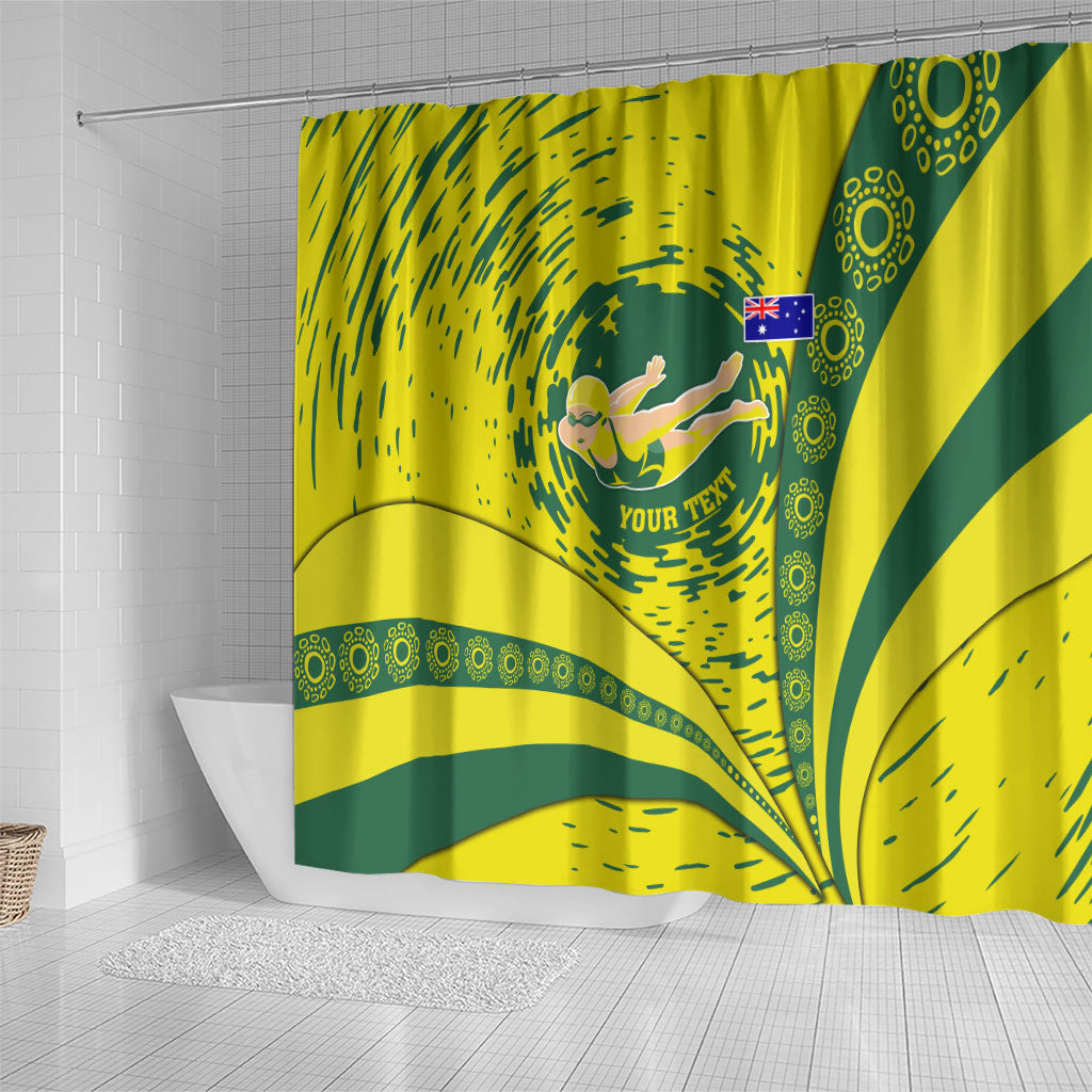 Personalized Australia Swimming Champion Shower Curtain Freestyle Swimmer With Swirling Wave And Cultural Patterns