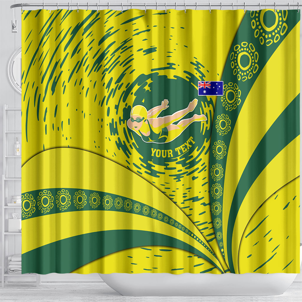 Personalized Australia Swimming Champion Shower Curtain Freestyle Swimmer With Swirling Wave And Cultural Patterns