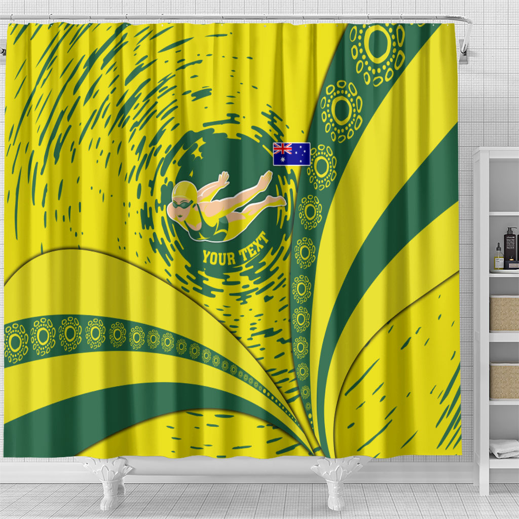 Personalized Australia Swimming Champion Shower Curtain Freestyle Swimmer With Swirling Wave And Cultural Patterns
