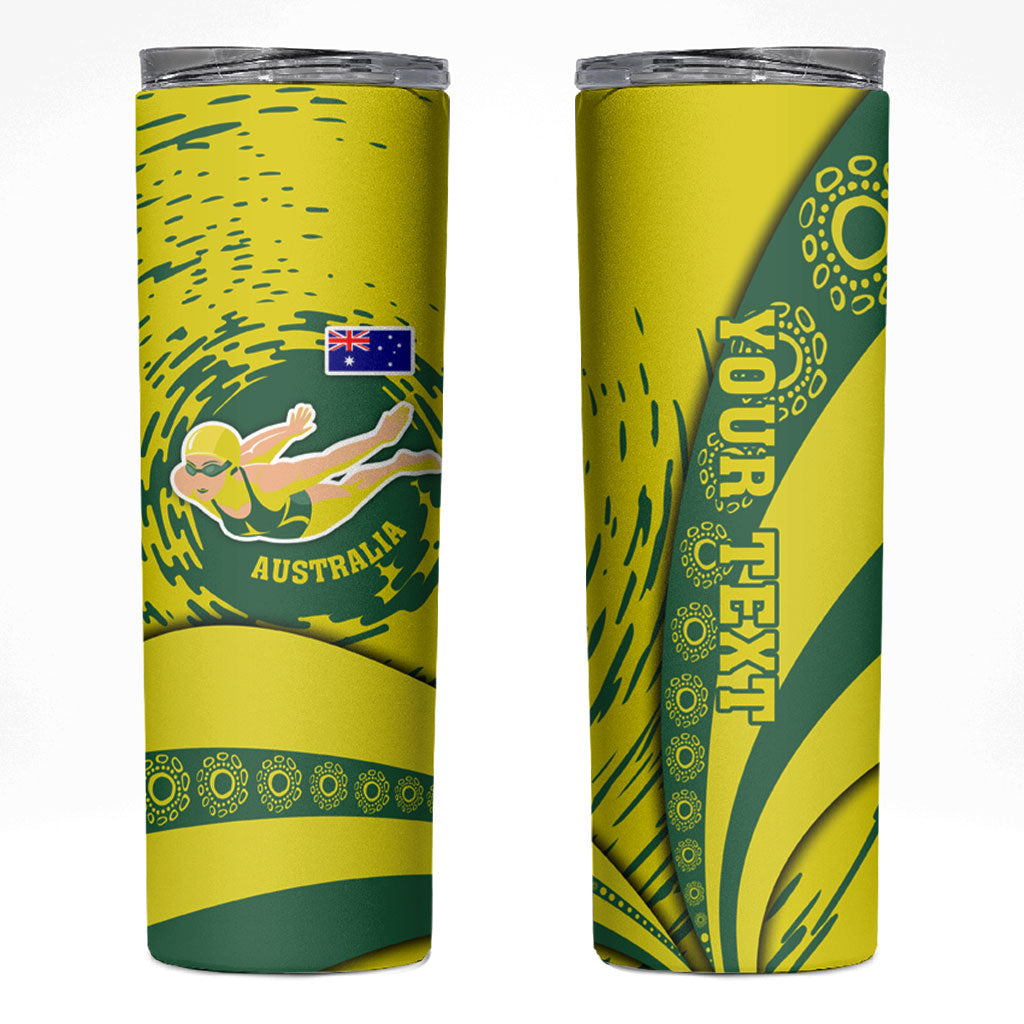 Personalized Australia Swimming Champion Skinny Tumbler Freestyle Swimmer With Swirling Wave And Cultural Patterns