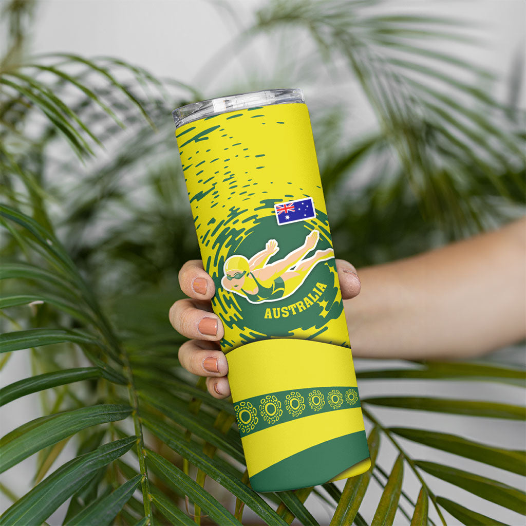 Personalized Australia Swimming Champion Skinny Tumbler Freestyle Swimmer With Swirling Wave And Cultural Patterns