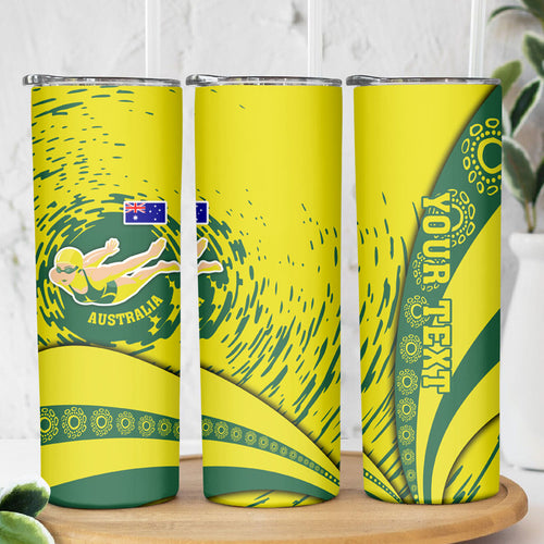 Personalized Australia Swimming Champion Skinny Tumbler Freestyle Swimmer With Swirling Wave And Cultural Patterns