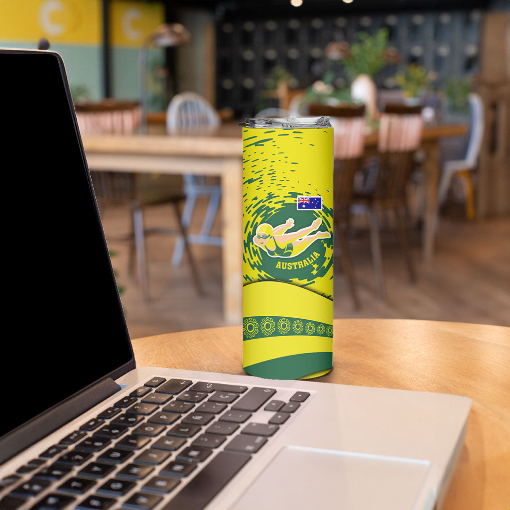 Personalized Australia Swimming Champion Skinny Tumbler Freestyle Swimmer With Swirling Wave And Cultural Patterns
