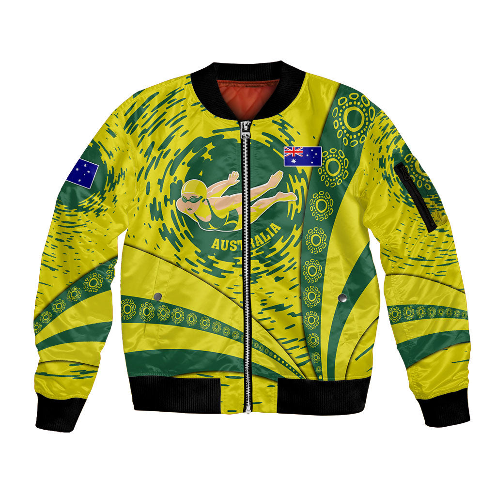Personalized Australia Swimming Champion Sleeve Zip Bomber Jacket Freestyle Swimmer With Swirling Wave And Cultural Patterns