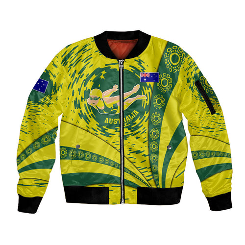 Personalized Australia Swimming Champion Sleeve Zip Bomber Jacket Freestyle Swimmer With Swirling Wave And Cultural Patterns