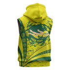 Personalized Australia Swimming Champion Sleeveless Hoodie Freestyle Swimmer With Swirling Wave And Cultural Patterns