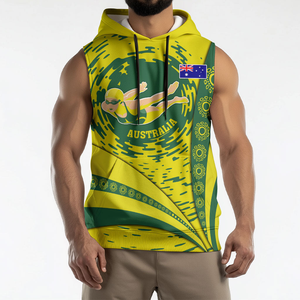 Personalized Australia Swimming Champion Sleeveless Hoodie Freestyle Swimmer With Swirling Wave And Cultural Patterns