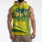 Personalized Australia Swimming Champion Sleeveless Hoodie Freestyle Swimmer With Swirling Wave And Cultural Patterns
