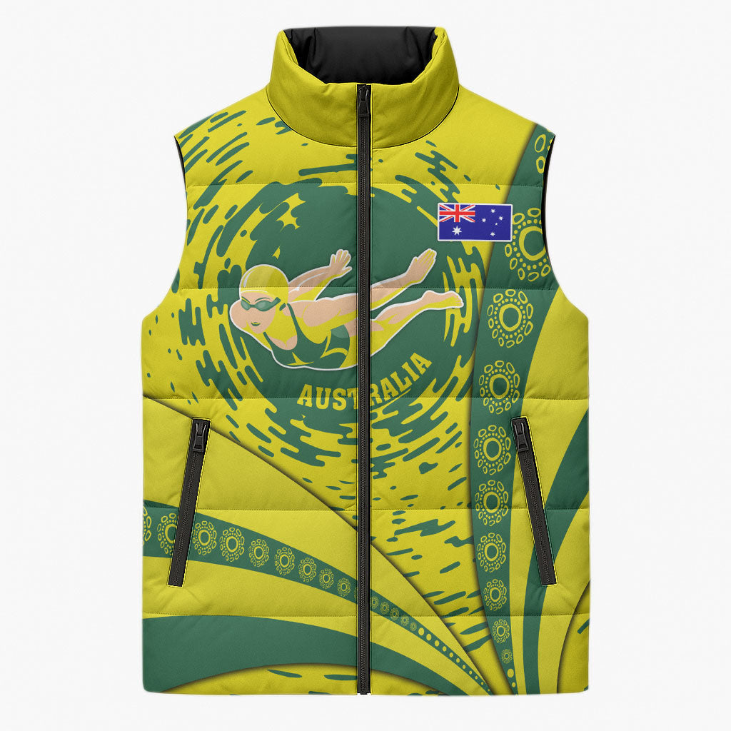 Personalized Australia Swimming Champion Sleeveless Puffer Jacket Freestyle Swimmer With Swirling Wave And Cultural Patterns