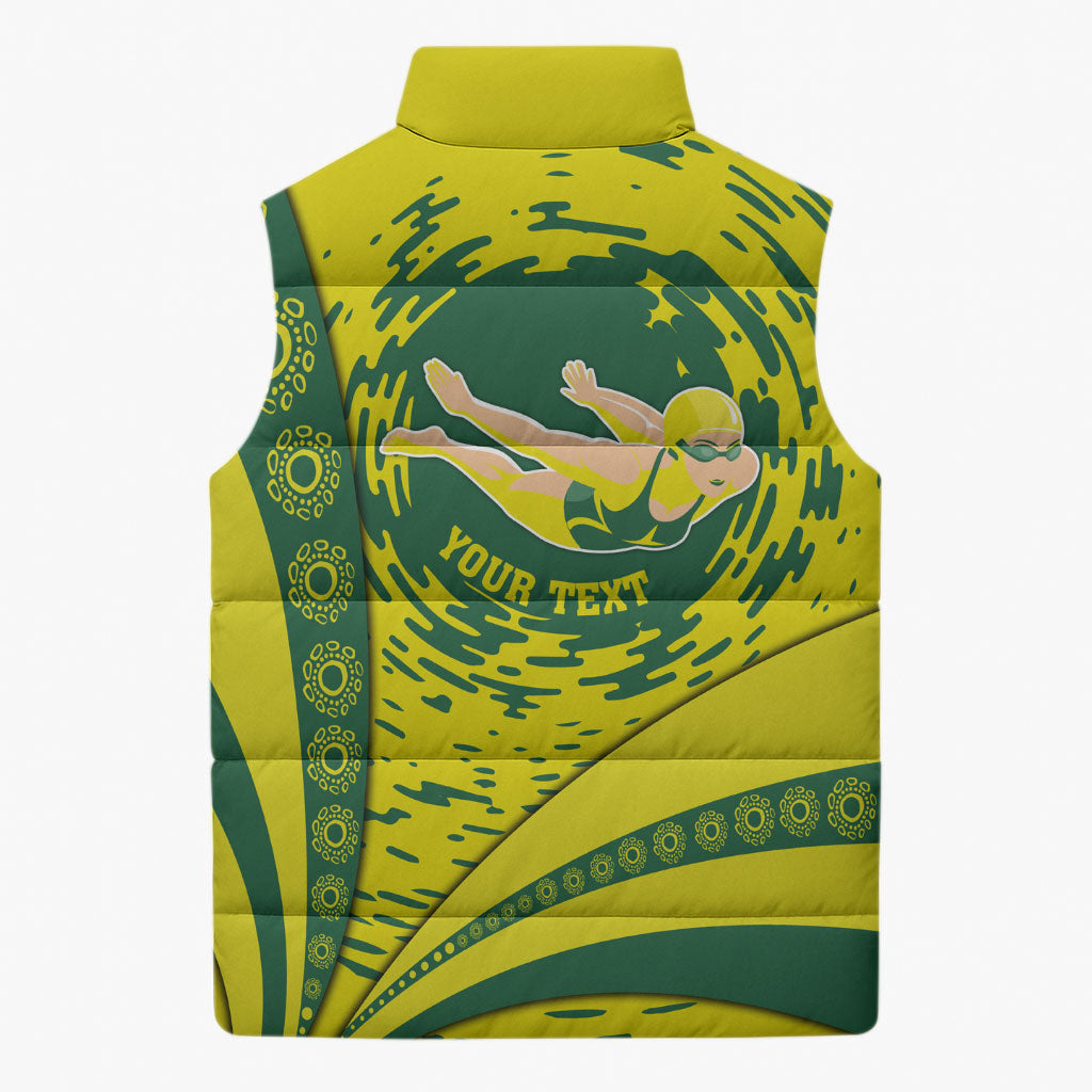 Personalized Australia Swimming Champion Sleeveless Puffer Jacket Freestyle Swimmer With Swirling Wave And Cultural Patterns