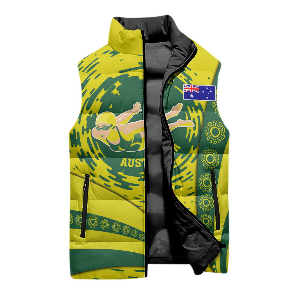 Personalized Australia Swimming Champion Sleeveless Puffer Jacket Freestyle Swimmer With Swirling Wave And Cultural Patterns